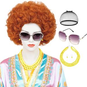 Short Orange Curly Landlady Wig and Glasses Jewelry, Reddish Orange Afro Annie Wig with Necklace Earrings +Wig Cap Set 5 Accessories for Halloween Party Mrs Costume Cosplay