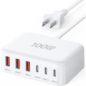 USB C Fast Charger, 100W GaN 6 Port Type C Charging Station Hub Block Cube, USB C Wall Charger Power Strip Adapter Plug for iPad iPhone 17 16 15 14 Pro Max Pixel Note Galaxy, 5ft Cord White