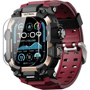 ULTIMAL Rugged Case with Band for Apple Watch 49mm,Compatible with Apple Watch Ultra 3/2/1, Military Grade Shockproof Bumper Cover for iWatch Tactical Band Men (49mm,Red)