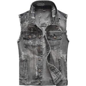 Men's Sleeveless Ripped Denim Vest Casual Slim Fit Button Down Jeans Vests Jacket (Gray, XL)