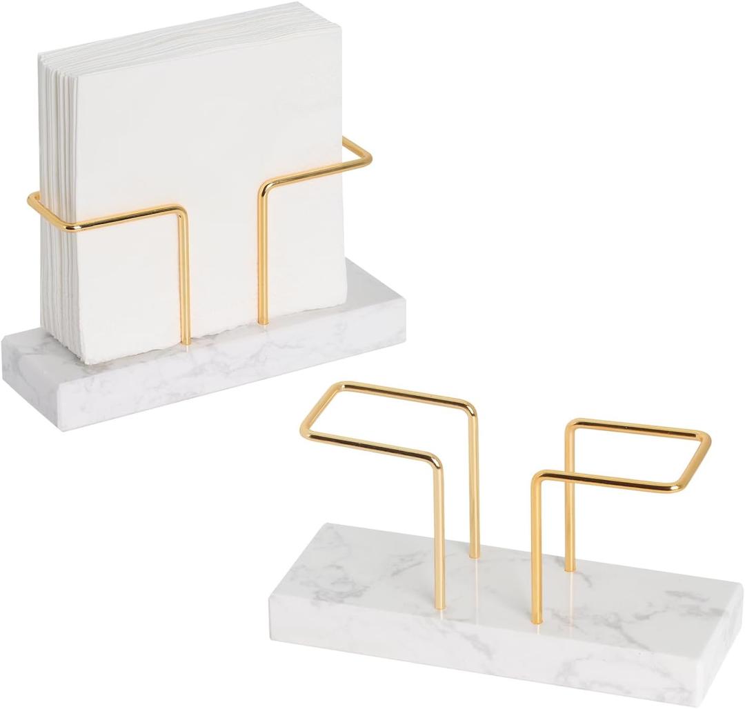 2 Pack Cocktail Napkin Holder for Table, Natural Marble Napkins Holder with Metal Wire, Modern Tissue Paper Dispenser for Dining Table Bar Kitchen (for 5 x 5 inches napkin)