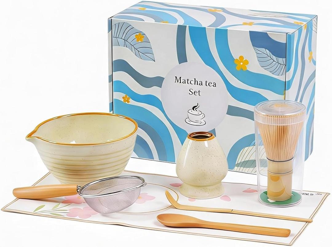 Matcha Whisk Set 7 Pcs, Japanese Matcha Kit with Ceramic Bowl, Bamboo Chasen Whisk, Scoop, Sifter & Holder | Complete Starter Set for Beginners | Mothers Day, Fathers Day, Housewarming Gift