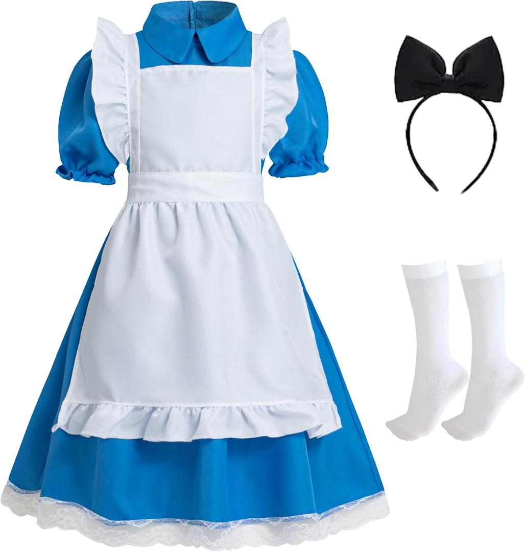 Blue Dress Halloween Costume Set for Girls with Apron, Bow Hair Band and Striped Stockings (1307-8Yeras)