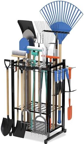 Garden Tool Organizer Rack Up to 50 Tools, Heavy-Duty Steel Yard Tool Organizer for Garage Storage with 11 Hooks, Broom Holder & Garden Tool Rack for Shed, Patio, Outdoor Use, Black