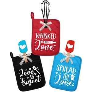 Vansolinne Bridal Shower Potholder Silicone Spatula Whisk with Bowknots Baking Kit Gifts for Games Prize, Love is Sweet Wedding Shower Party Prize for Guests Valentine's Day Favors Set of 3