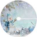 Merry Christmas Winter Snowman Christmas Tree Skirt Decorations White Snow Snowflake Blue Jingle Bells Xmas Tree Mat 35 inch for Holiday Party Supplies Rustic Ornaments Mini Tree Skirt