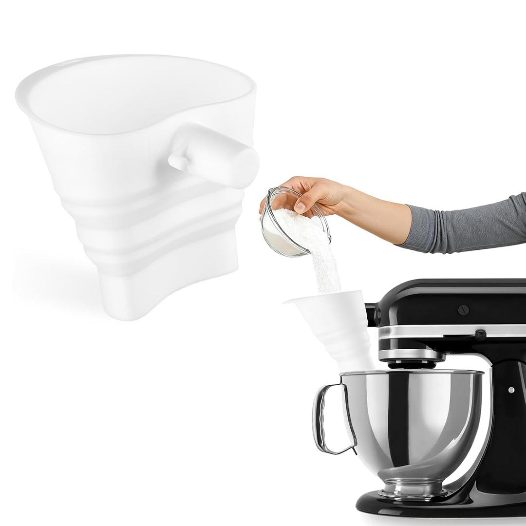 Silicone Flour Funnel for KitchenAid Mixer, Foldable Flour Funnel Chute with Hanging Hole. Baking Gadgets Accessories. Dishwasher Safe. White