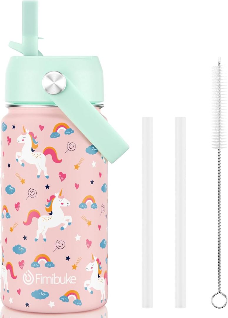 Kids Insulated Water Bottle - 14oz BPA-FREE 18/ 8 Stainless Steel Travel Tumbler Double Wall Vacuum Leak Proof Carton Kids Cup with Straw to Keep Hot/ Cold Cute Metal Water Bottle for School Boys Girls