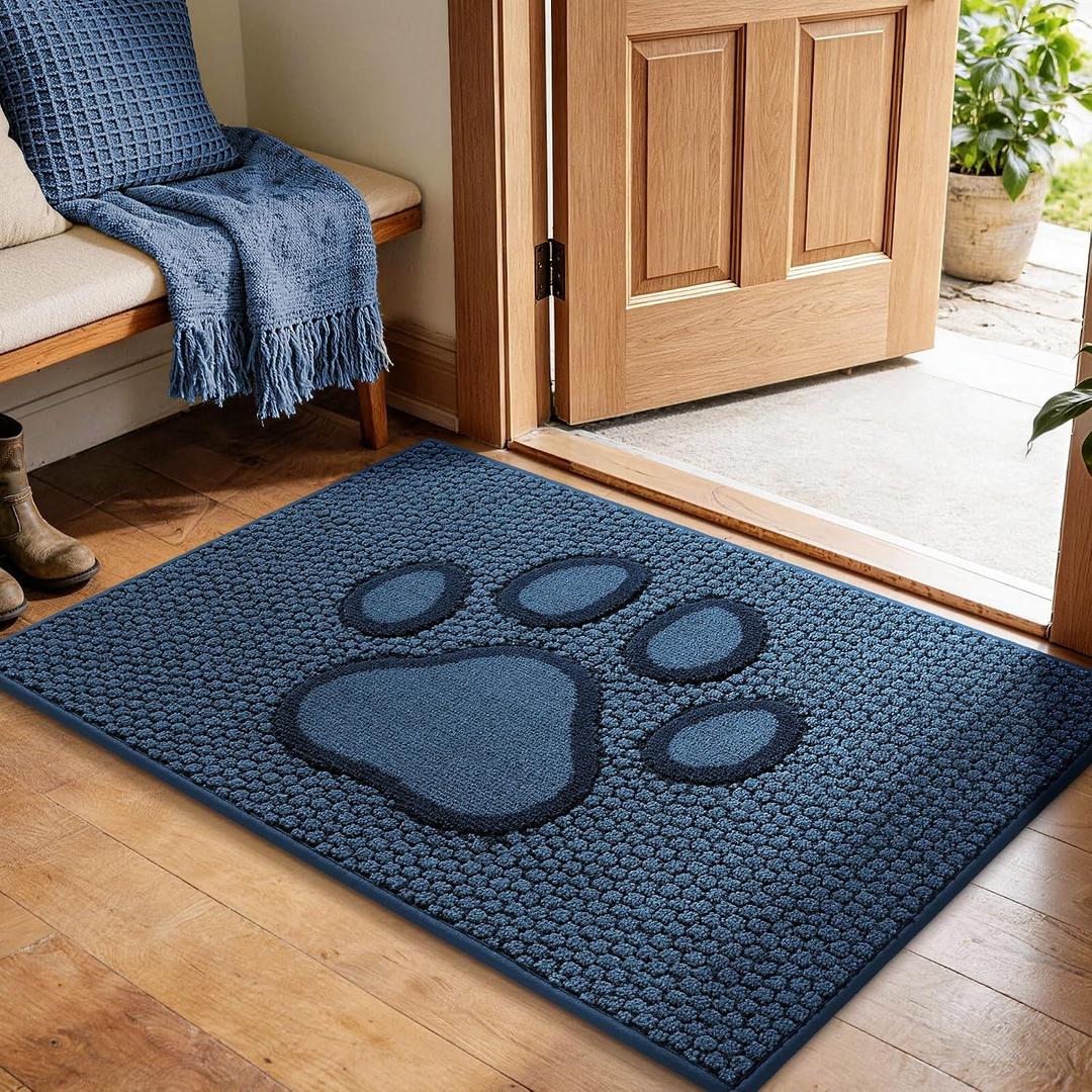 Dog Door Mat for Dirty Paws, Paw Print Indoor Entrance Rugs,24x36,Blue | Absorbent Washable Nonslip Welcome Dirt Trapper,Low Profile Floor Mats for Front Back Door and Entryways