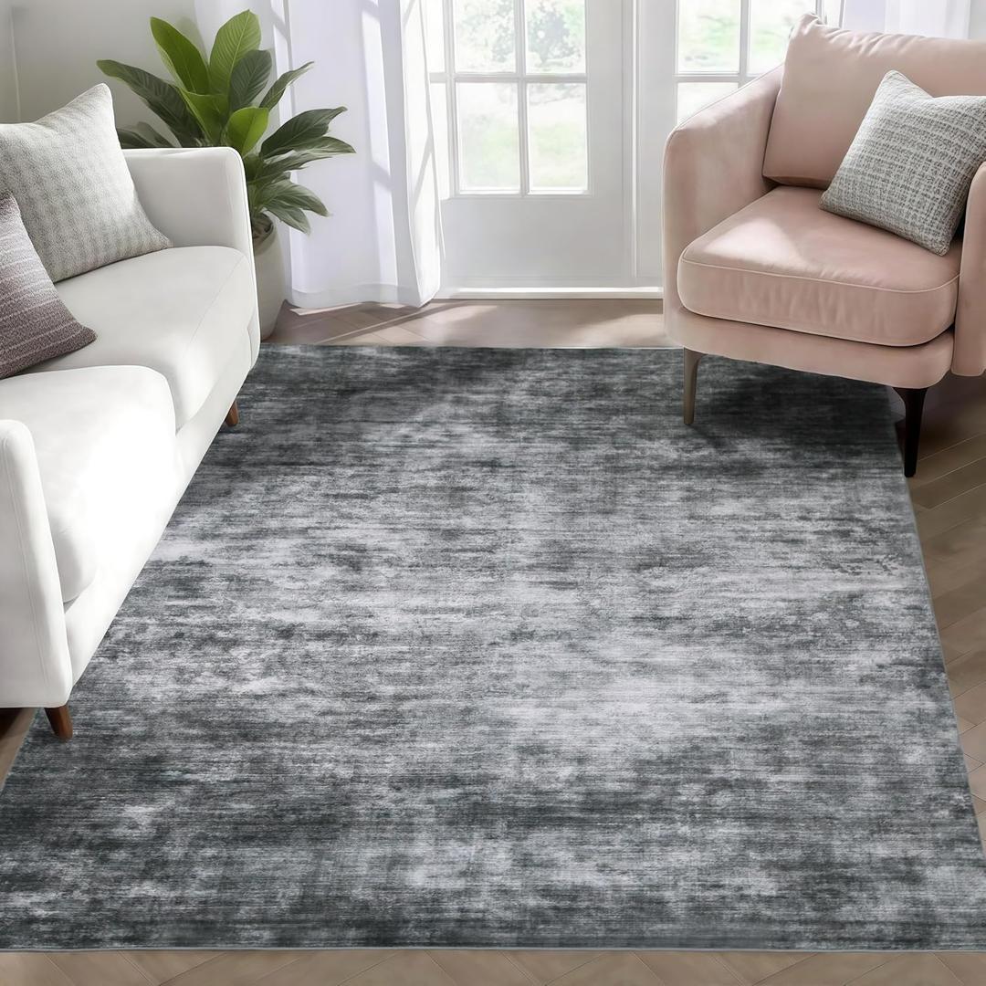 Washable Area Rugs, 3x5 Non-Slip Boho Large Area Rugs for Living Room, Bedroom, Machine Washable Vintage Rug, Indoor Floral Print Carpet for Home Decor, Kid & Pet Friendly Mat (Light Black)