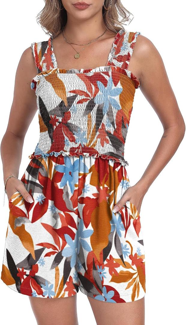 QIXING Women's Summer Casual Rompers Dressy Smocked Loose Comfy Short Jumpsuits Vacation Outfits With Pockets (S)