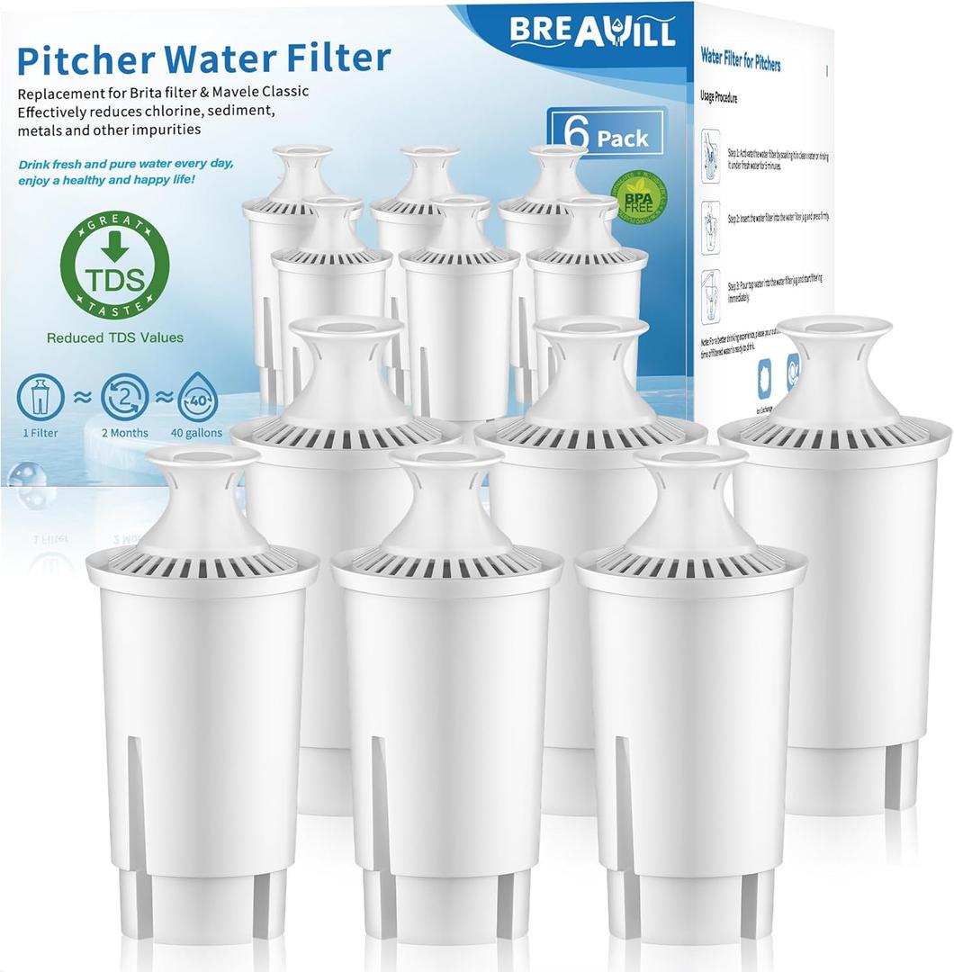 BREAUILL Water Filter Replacement Compatible with Brita Water Filter, Pitchers, Classic, OB03, Mavea,10700, 35557, Pitcher Water Filter by BREAUILL, New Upgraded Reduce TDS, Chlorine (6PCS)