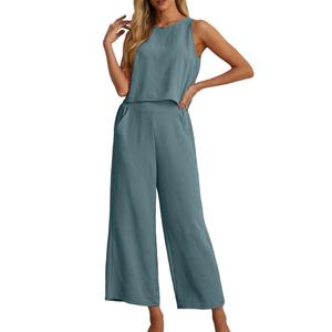 IWOLLENCE Women's Summer 2 Piece Outfits Set Round neck Sleeveless Tank Crop Top Wide Leg pants Set Pockets Jumpsuits, XS