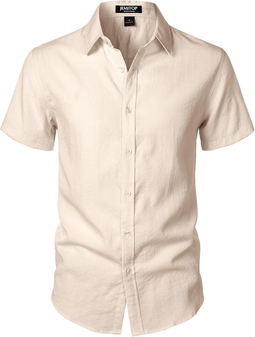 JEMITOP Men's Stretch Textured Short Sleeve Button Down Shirts Summer Casual Beach Wedding Vacation Button up Shirt Beige L