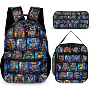 Owl Backpack with Lunch Box & Pencil Case, 16 Inch Cute Owl Themed Bookbag, Adjustable Lightweight Large Capacity, Colorful Backpack Set for Kids Girls Boys School
