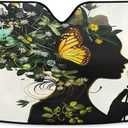 Black Afro Girl Butterfly Flowers Car Windshield Sun Shade African American Woman Sunshade Block UV Rays Protector Keep Your Vehicle Cool Sun Shield Visor Cover Foldable for Car Truck SUV S