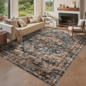 GarveeHome 9x12 Washable Vintage Living Room Area Rug: Vintage Machine Washable Area Rug for Living Room Indoor Large Non-Slip Bedroom Carpet Low Pile Stain Resistant Dining Room Carpet Blue & Brown