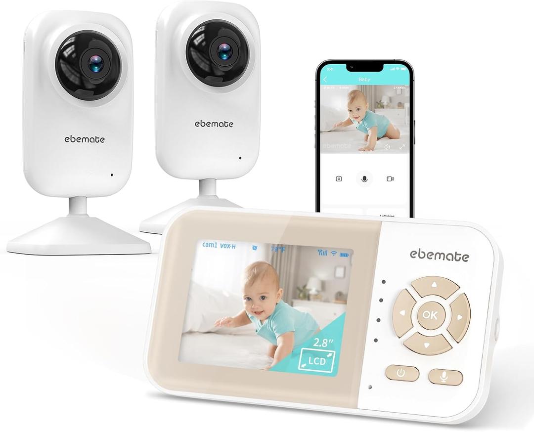 ebemate Video Baby Monitor Camera with 2 Camera,2.8" LCD Screen Video & Audio No Glow Night Vision, 2-Way Talk Audio Cam Baby Monitoring 1200FT Range EBE28-2