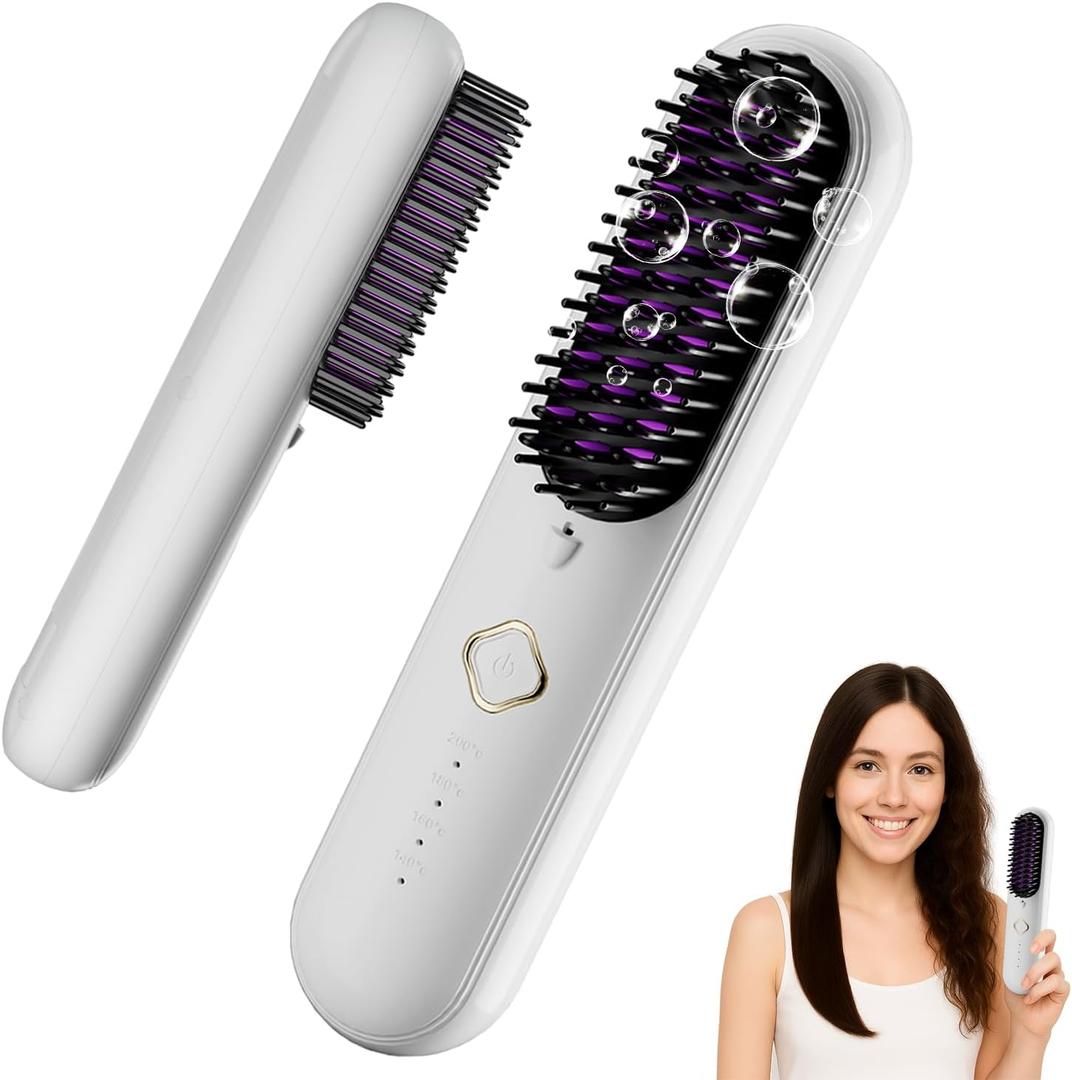 Cordless Hair Straightener Brush, Portable Straightening Brush for Travel, Negative Ion Hot Comb Hair Straightener for Women, Straightening Comb for Travel & Home, Lightweight to Carry Out, White