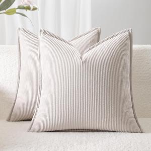 Corduroy Throw Pillow Covers 18x18 Set of 2  Boho Decorative Pillow Covers for Couch, Sofa, Bed  Soft Square Cushion Covers for Living Room Decor (No Insert) Beige