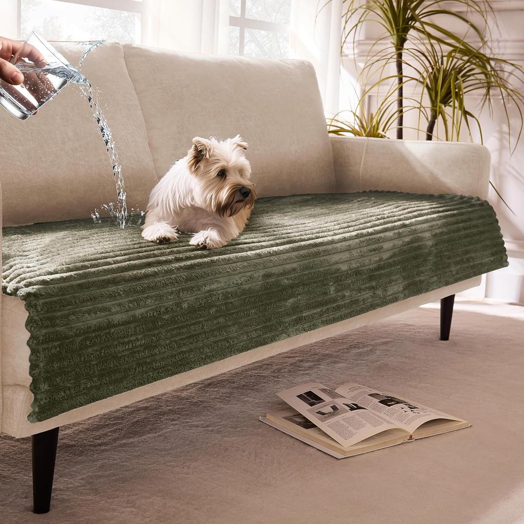 Dual Non-Slip Couch Cover for Dogs Waterproof, Fuzzy Soft Pet Couch Covers for Sofa 3 Cushion, Pet Friendly Soft Dog Bed Covers Sofa Cover Washable (Sage Green, 33" x 95" 1 Pack)
