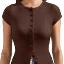 OMKAGI Women Button Down Ribbed Short Sleeve Shirts Fitted Knit Cropped Cardigan Sweaters (Large, 13-dark Brown)