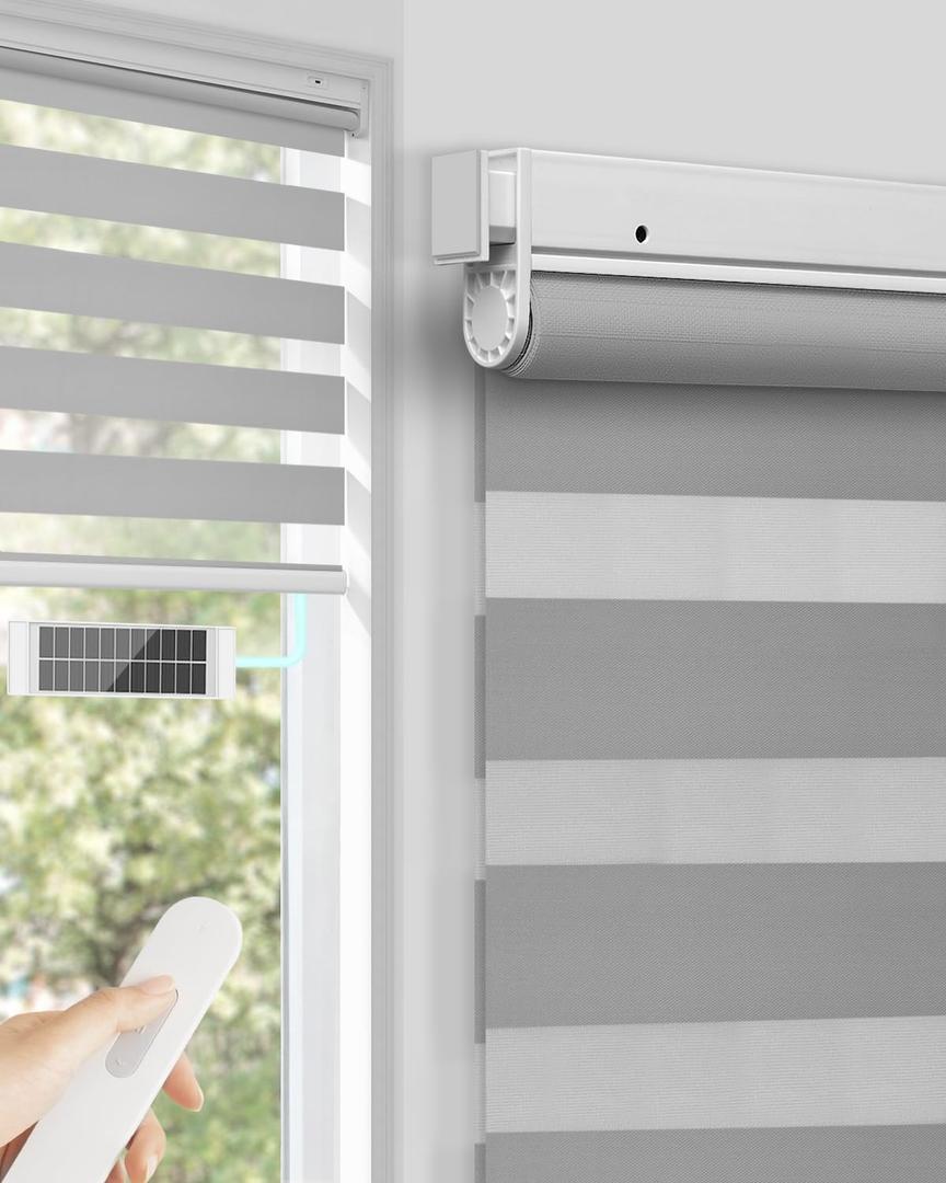 No Drill Motorized Zebra Blinds with Remote,Cordless Shades Dual Layer,Thermal Insulated Upgraded Shades(Gray,34" W x 72" H)