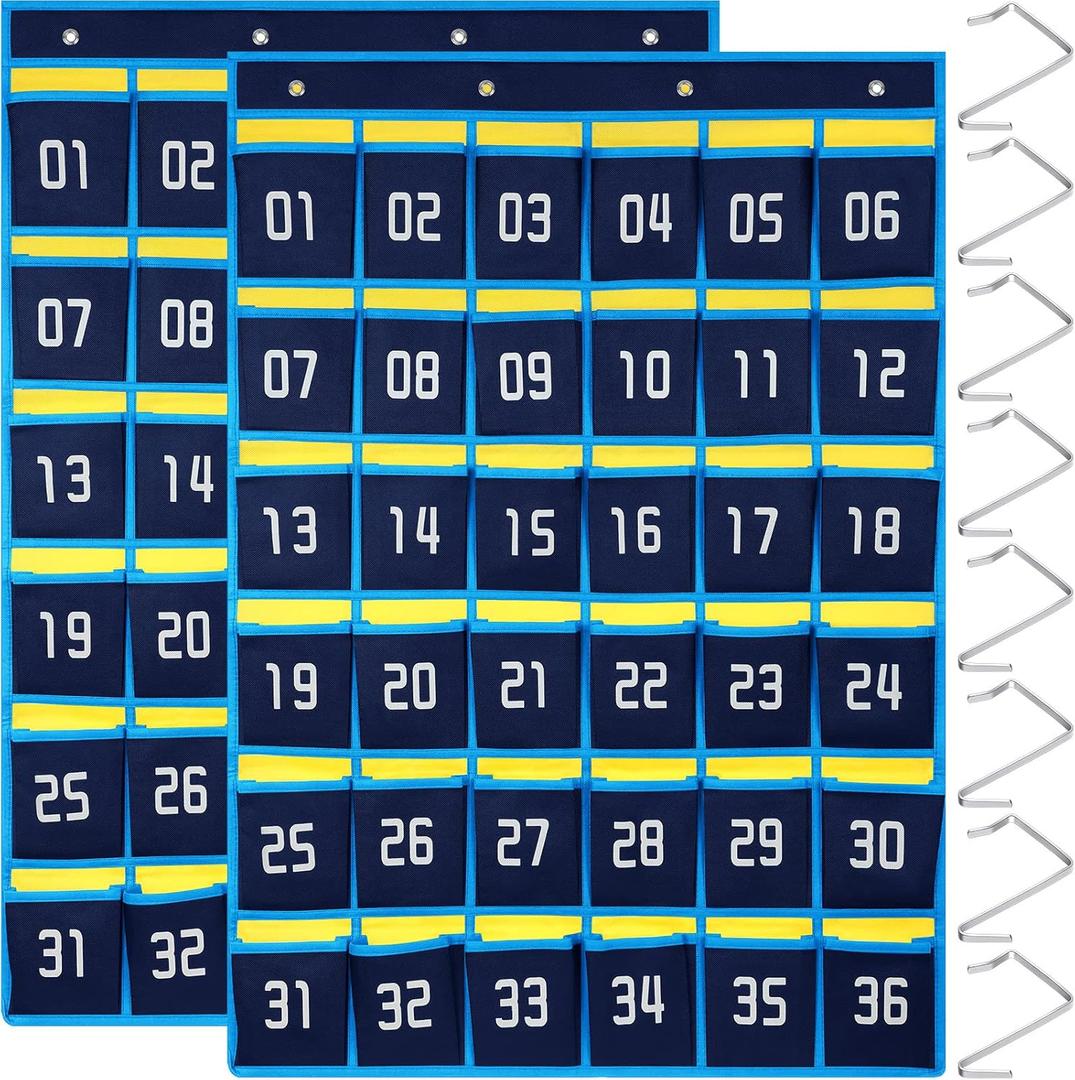 2 Pcs 36 Numbered Pocket Chart Cell Phone Pocket Holder for Classroom Sundries Closet Hanging Organizer Wall Door Holder for Calculator Storage Office Organization Supplies (Blue and Yellow)