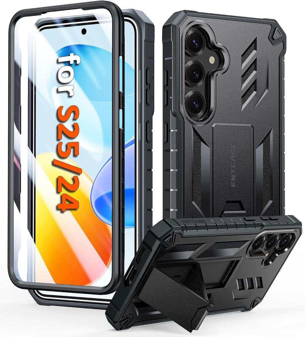 FNTCASE for Samsung Galaxy S25 Case: for Galaxy S24 Case Military Grade DropProof Protection Cover with Kickstand | Matte Textured Rugged Shockproof TPU | Protective Sturdy Phone Case - 6.2 inch Black