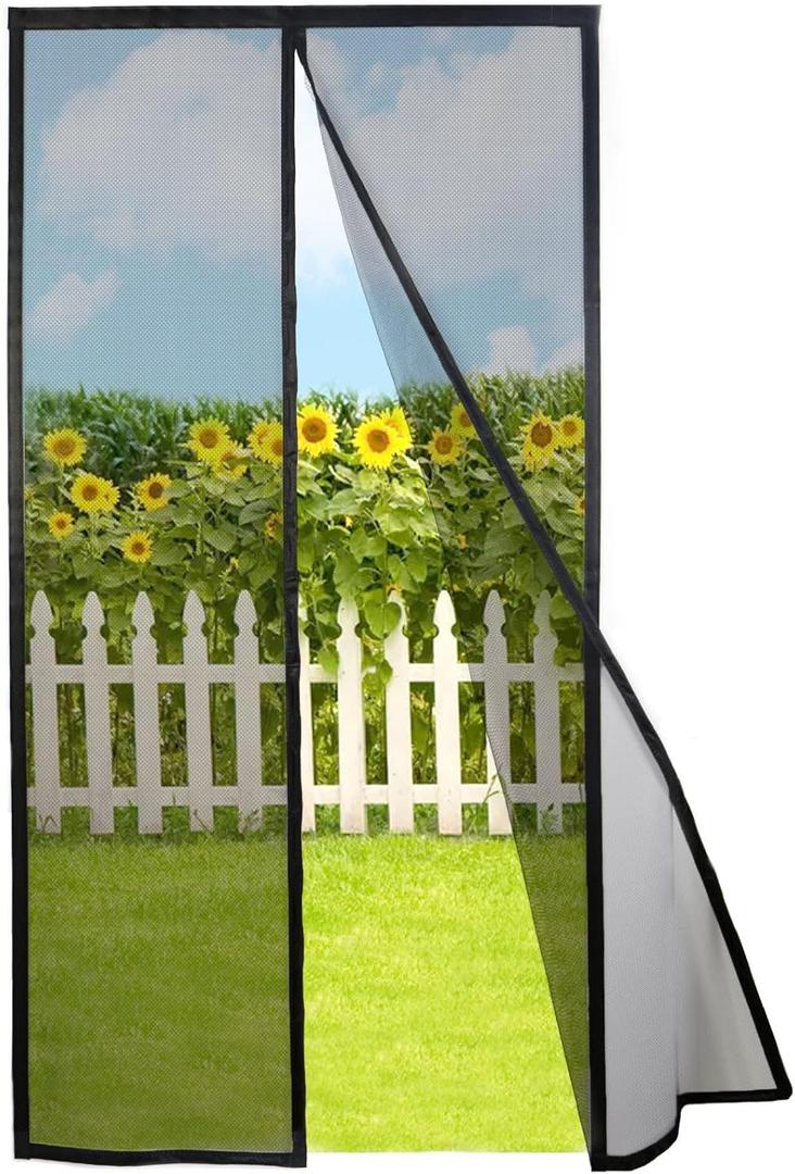 Magnetic Screen Door Self Closing, Black Upgraded Polyester Thicken Mesh Mosquito Net Front Door Screen Magnetic Closure, Keep Bugs Out, Frame Hook & Loop, Actual Size 38 x 76 inches