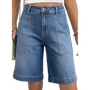 Astylish Women's High Waisted Wide Leg Denim Shorts Stretchy Trendy Utility Jorts Oversized Patch Pockets Bermuda Jean Short, Size 12