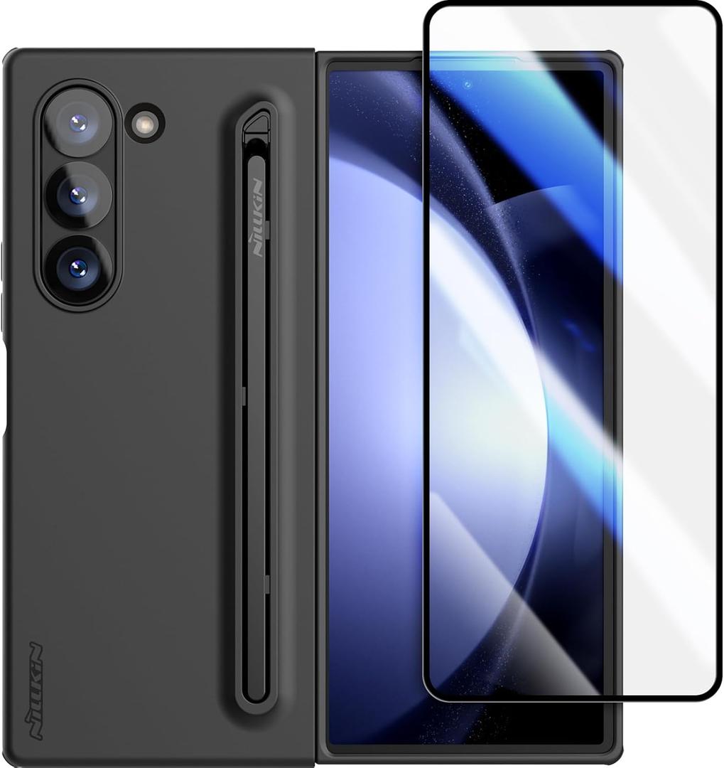 Nillkin for Samsung Fold 6 Case with Upgraded Writing Pen & Front Screen Protecter Tempered Glass, Liquid Silicone & Wireless Charging Protective Samsung Galaxy Z Fold 6 Slim S Pen Phone Case, Black