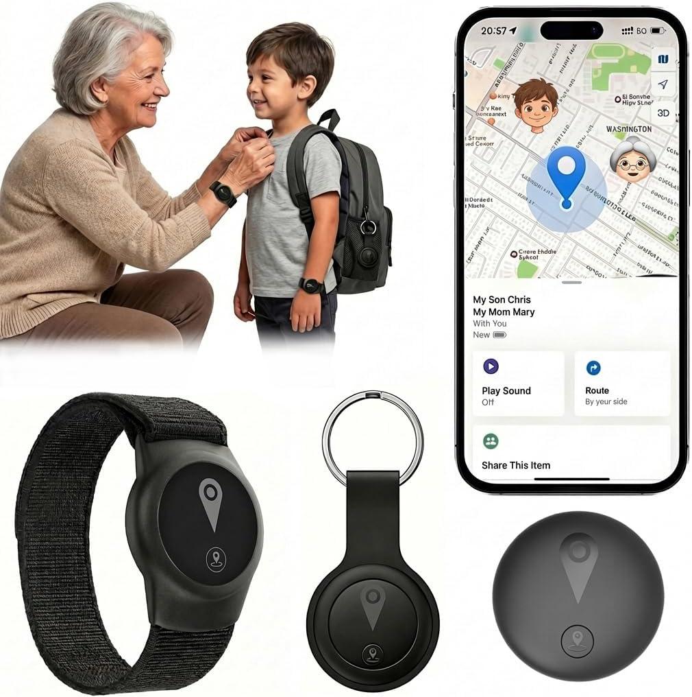 GPS Tracker for Kids, Real-Time GPS Tracking Device for Children w/Wearable Wristband & Keychain Design, No Monthly Fee/No SIM Card, Lightweight Locator Works w/iOS Find My, Long Standby, Waterproof