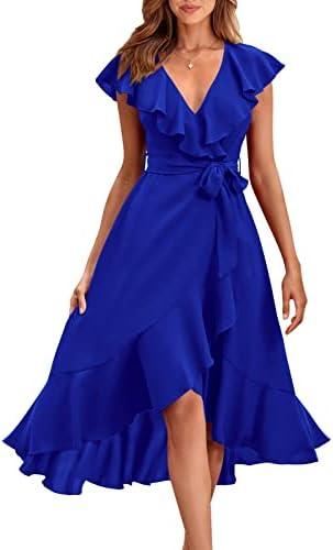 PRETTYGARDEN Women's 2025 Summer Cross Midi Dress Casual Boho Deep V Neck Short Sleeve Ruffle Hem Split Beach Long Dresses, XL