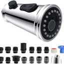 Hibbent Pull Down Kitchen Faucet Head Replacement, 3-Function Kitchen Sink Faucet Head Sprayer Head Nozzle with 15 Adapters, Compatible with Moen, American Standard, Delta, Kohler Faucets-Chrome