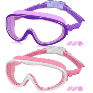 COOLOO Kids Swim Goggles for Age 3-15, 2 Pack Kids Goggles for Swimming with Nose Cover, No Leaking, Anti-Fog, Waterproof (Purple+Pink)