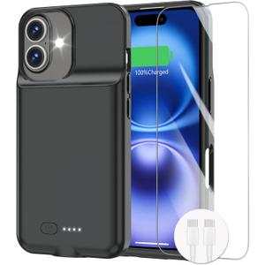 GIN FOXI Battery Case for iPhone 16 Plus, Fast Charging Case Charger 8500mAh Ultra-Slim Lightweight 15W Battery Pack Rechargeable Anti-Fall TPU Juice Box for iPhone 16 Plus Charging Case(6.7") Black
