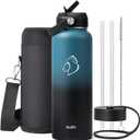BUZIO Water Bottle with Straw Lid and Flex Cap, 40oz Double Vacuum Stainless Steel Water Flask, Cold for 48 Hrs Hot for 24 Hrs Simple Thermo Canteen Mug, Indigo Black