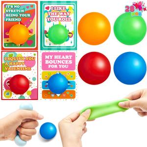JOYIN 28 Packs Valentines Day Gift Cards with Stress Ball Set Stretchy Squishy Toy Balls Sensory Squishy Toys Stress Relief Fidget Toys for Kids Classroom Exchange Prizes, Valentine Party Favor