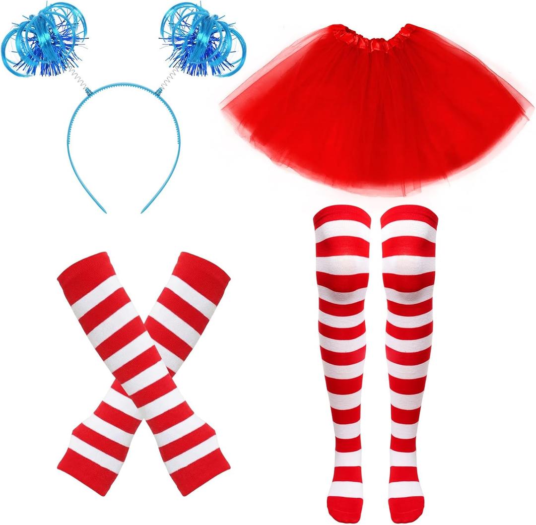 4Pcs Red and Blue Layered Tulle Tutu Costumes Set with Ponytail Headband Fingerless Gloves Knee High Socks for Women