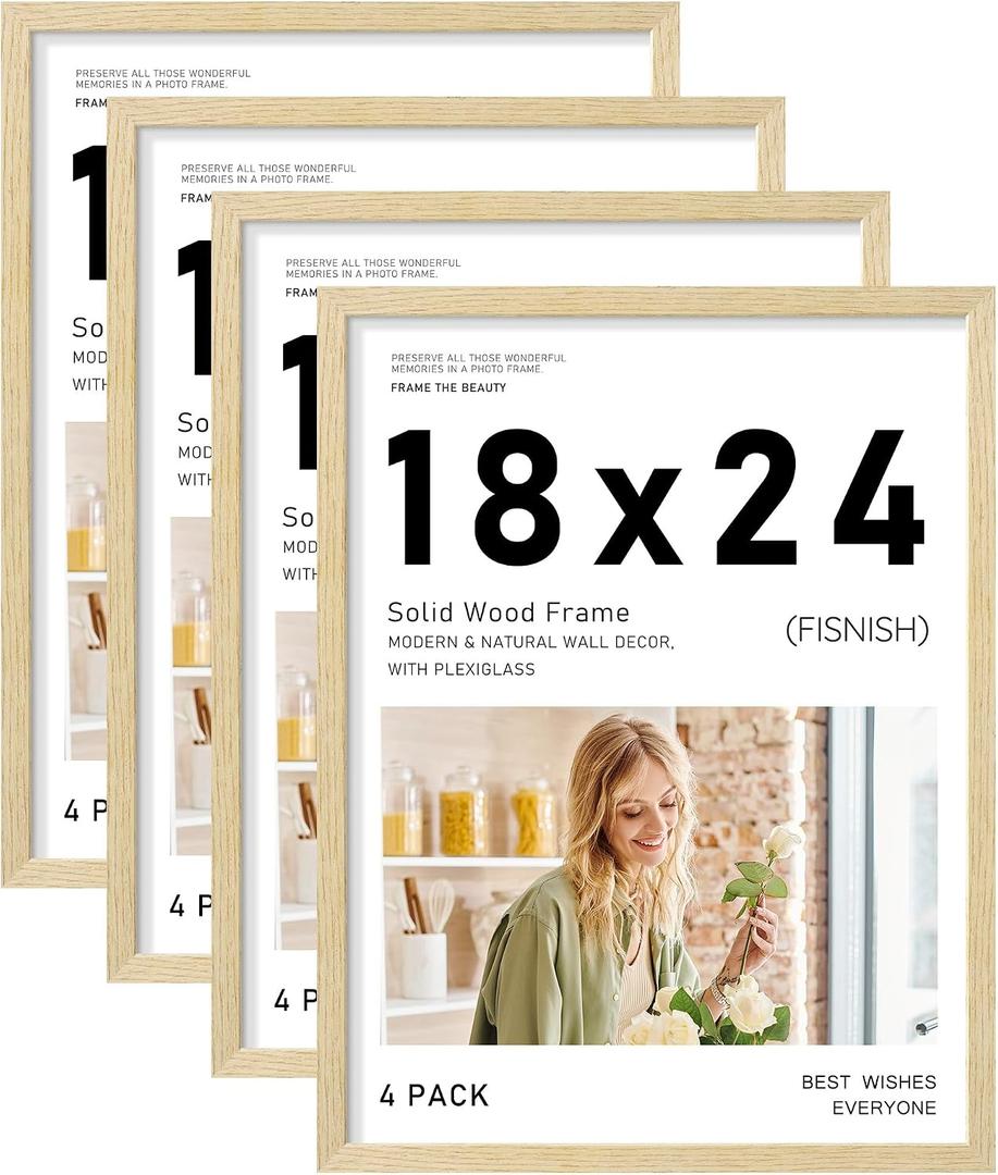 18x24 Picture Frame Set of 4, Natural Solid Wood Frames, for Wall