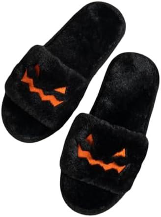 Halloween Pumpkin Cozy Slippers Spooky Comfy Autumn Winter Slippers, Fuzzy Plush Winter Indoor Outdoor (Black)