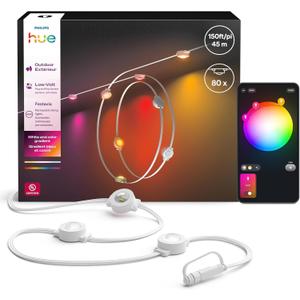 Philips Hue Festavia 150ft Permanent Outdoor String Lights, 80 Dimmable Lights, 55 Lumens Each, Weatherproof, Water-Resistant, White Wire, Color Ambience, Bridge Required