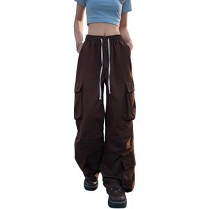 Baggy Parachute Pants for Women Straight Unisex Wide Leg Cargo Pants Elastic Waist Drawstring Harajuku Cotton Trendy (X-Small, Brown)