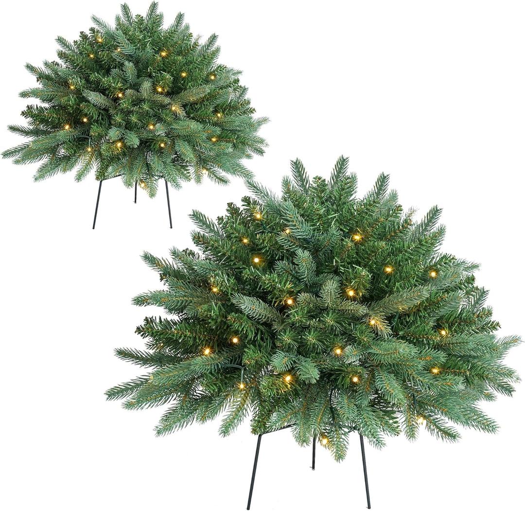 Christmas Planter Filler Tree Outdoor Prelit 2 Pack, 24" Urn Fillers for Porch Planters Pathway Battery Operated Light, Xmas Greenery Outside Decorations (Pine Blue)