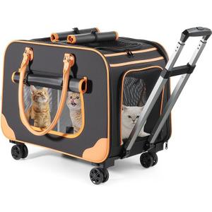 Large Cat Carrier with Wheels, Rolling Cat Carrier, 24"x 15"x 15.4" Dual Independent Spaces Pet Carrier with Wheels for 2 Cats up to 50 LBS, Ideal for Travel, Walking and Camping(NOT for TSA)