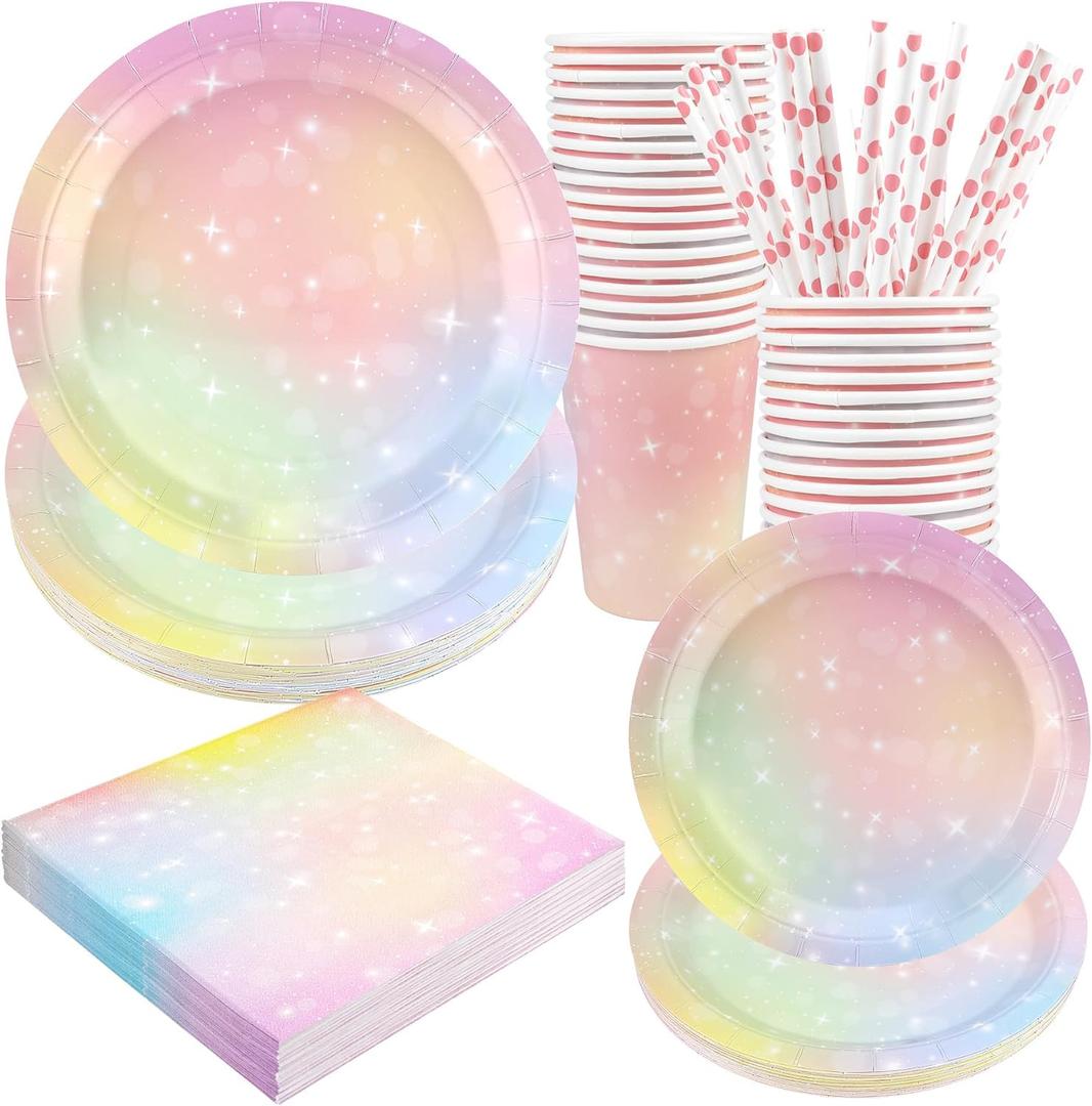 Pastel Birthday Party Supplies Decorations, Rainbow Theme Birthday Paper Plates and Napkins Set with Cups and Straws for 24 Guests, 120 Pcs Disposable Party Dessert Dinnerwares