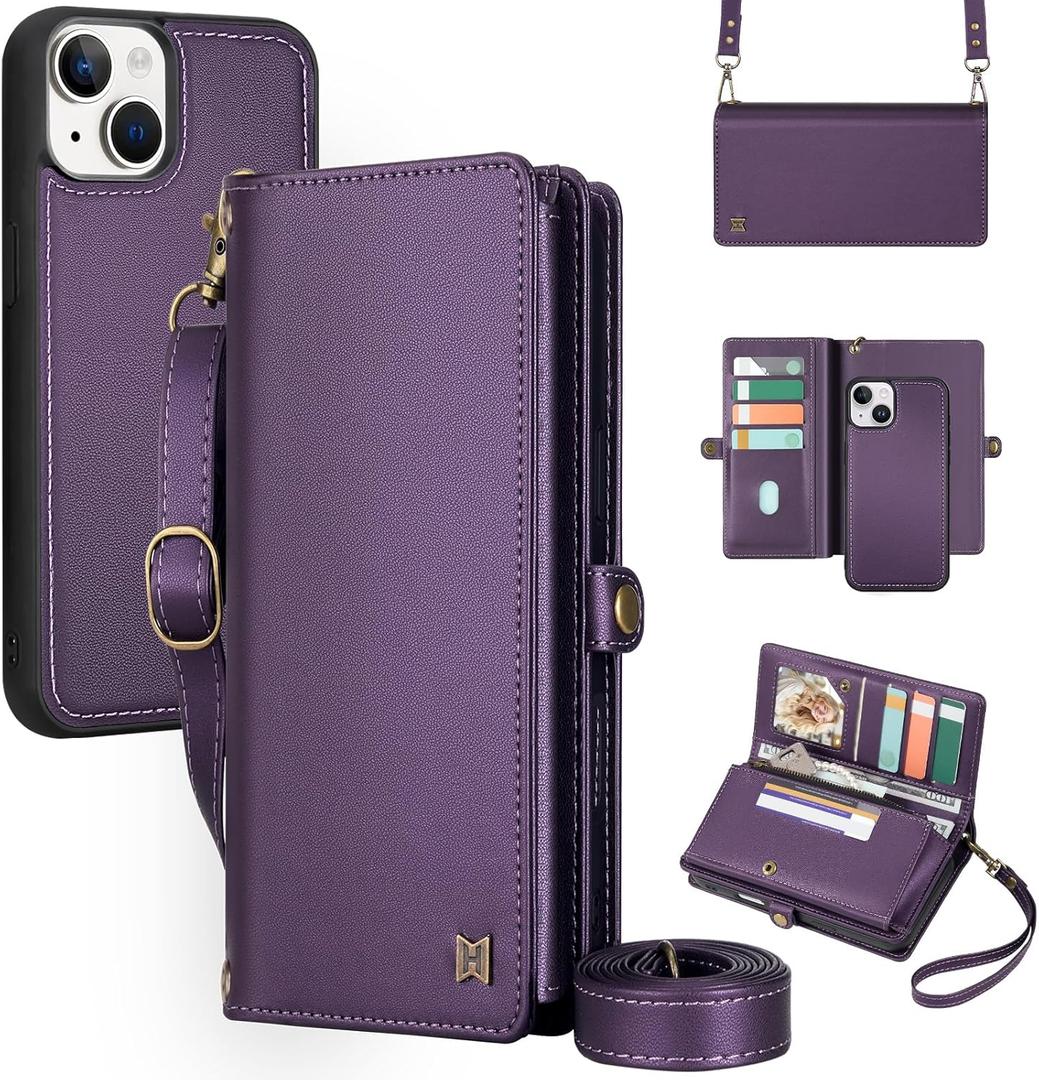 Wallet Case Compatible with iPhone 13,Multi-Function Detachable 2 in 1 Magnetic iPhone 13 Case Wallet,Flip Strap Zipper Card Holder Phone Case with Shoulder Straps (Purple)