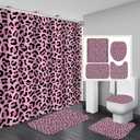 4PCS Pink Leopard Print Shower Curtain Set with Rugs, Toilet Lid Cover and Bath Mat, Shower Curtain with 12 Hooks, Durable Shower Curtain for Bathroom Set