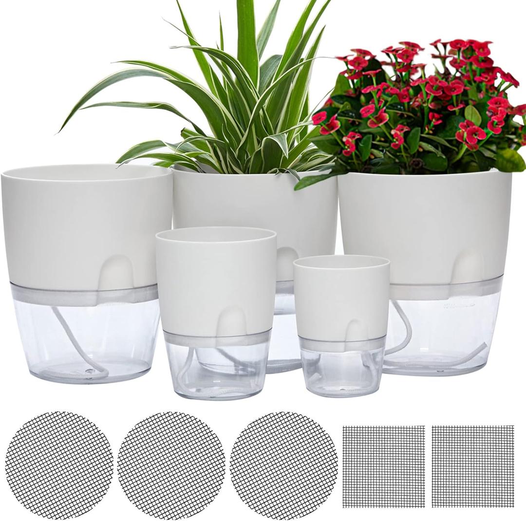 Self Watering Pots for Indoor Plants, 5 Pack 6/4.1/3.2 Inch Flower Pot Modern Decorative Plastic Planter with Extra Large Water Storage for All House Plants, Flowers, Herbs(White) (6+6+6+4.1+3.2in)